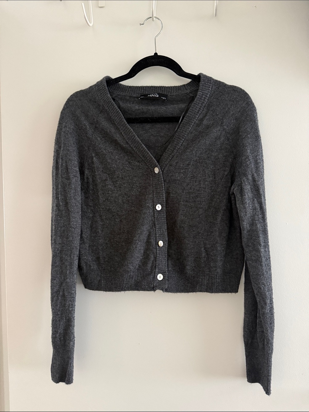 Mango SELECTION 100% Wool Dark Charcoal Cropped V-Neck Button Cardigan